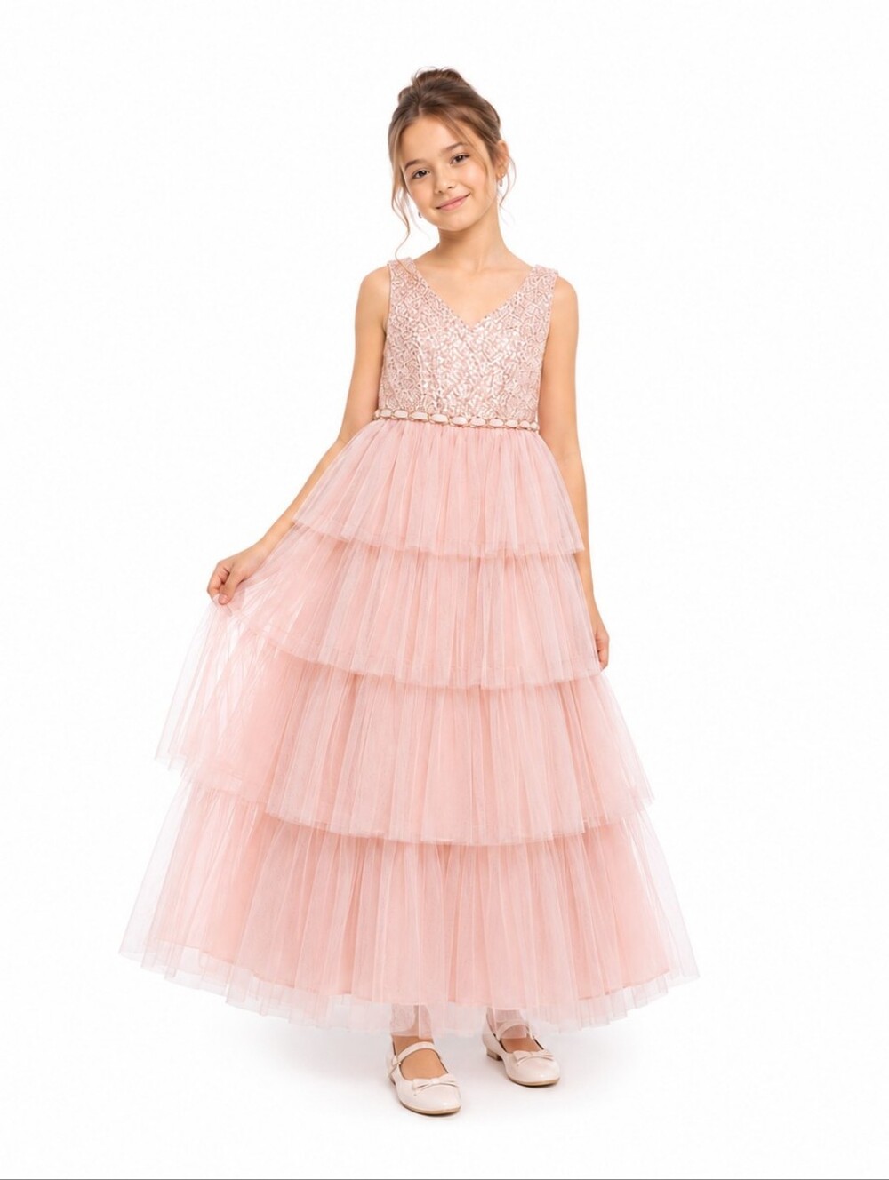 American Princess Pink Sequin Tulle Maxi Dress Girls Size 10